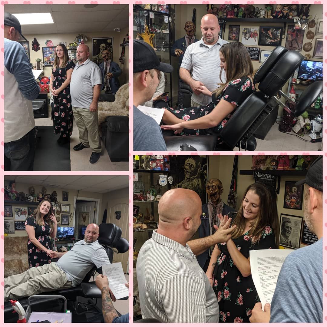 ZazaInk's tweet photo. Well, they aren't taking these wedding rings off anytime soon!
Another wedding down. *Congrats to the happy couple* 🤵💍👰 ❤️ 
#tattoowedding #shesaidyes #kissthebride #love #joesaminister #zazaink #morethantattoos https://t.co/GZfn8Yu1d9