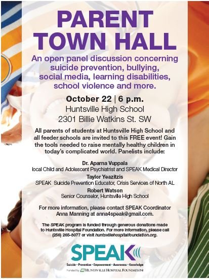 The Huntsville High School PTSA invites the community to attend their upcoming Parent Townhall:
(see flyer for details)
#SPEAK