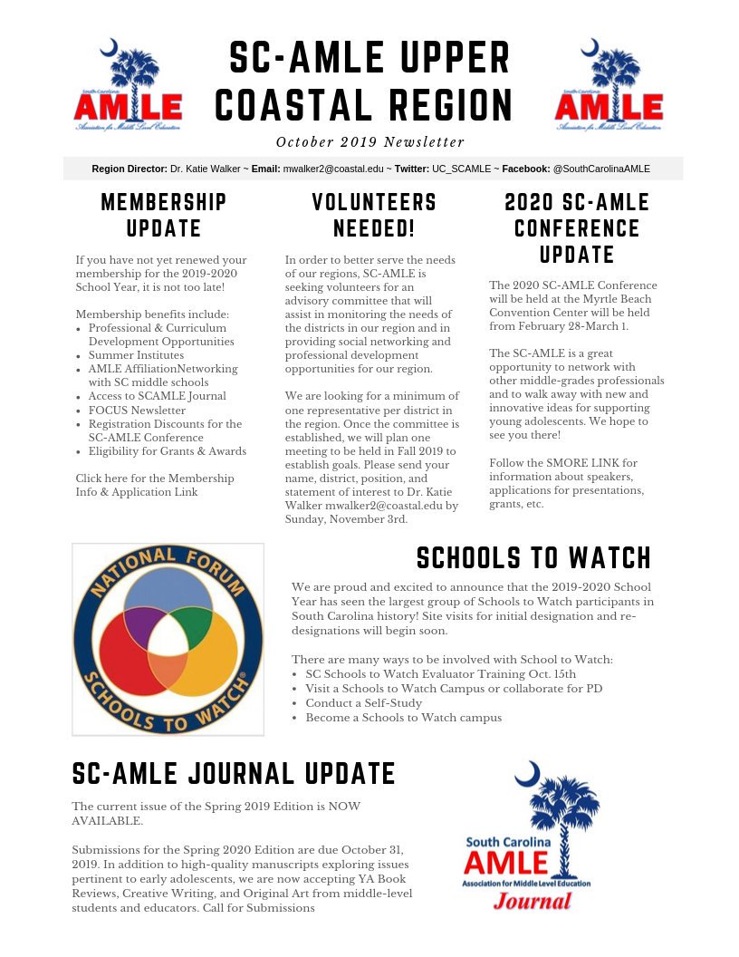 UC_SCAMLE's tweet photo. Check out the SC-AMLE Upper Coastal Region Oct. 2019 Newsletter https://t.co/RBgOGNxx0S
