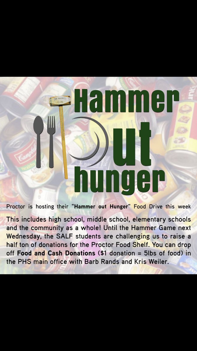 ‼️REMINDER‼️

-Remember to bring your food to Barb &amp; Mrs. Weiler in the office by Wednesday!! 

Our goal is a TON of food for the Proctor Food Shelf!🥫🍚🏋🏽‍♀️🧱

.18 cents = 1 lbs and $1 = 5 lbs
