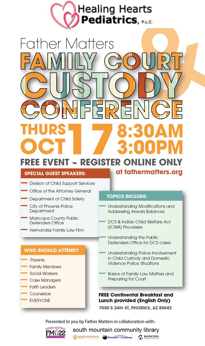 hhpediatrics's tweet image. Please join us at our Family Court &amp;amp; Custody Conference Thursday, October 17, 2019 hosted at the South Mountain Community Library.
For more information and to register visit here: bit.ly/2lXiLZN
#HealingHearts #Pediatrics #FatherMatters