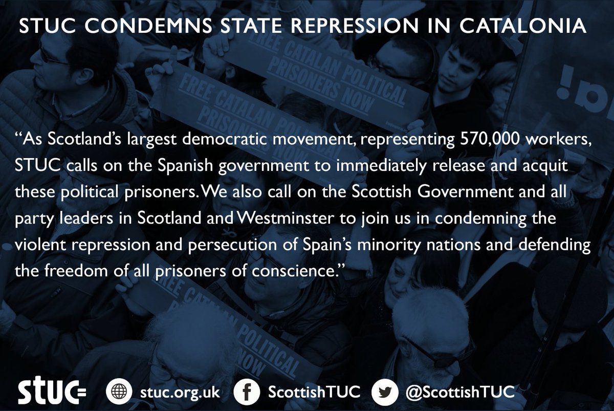 L’organització que aplega els sindicats de treballadors d’Escòcia reclama l’alliberament immediat dels líders independentistes catalans sentenciats avui pel Tribunal Suprem #SentènciaProcés #SentènciaCatRàdio