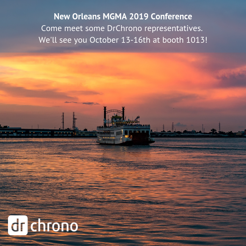 drchrono's tweet photo. We are in #NewOrleans! The @MGMA Annual Conference 2019 is happening now. Stop by booth 1013 to meet some of the #DrChrono #EHR team and see our all-in-one EHR, practice management, and billing system! #PracticeMedicine https://t.co/anqeorUoza
