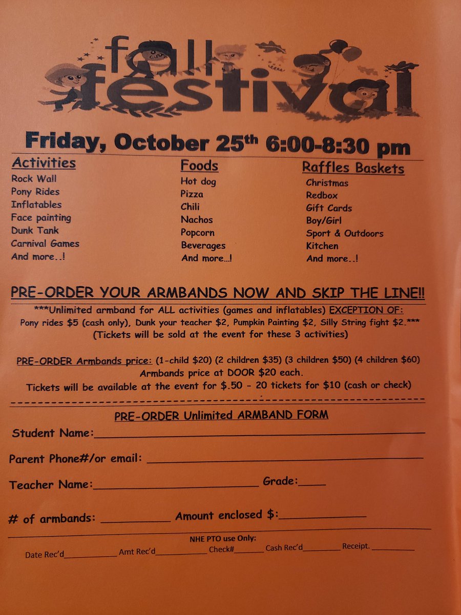 Our fall festival is just 11 days away!!! We are excitedly getting games, inflatables and our menu ready! You should have recieved this form in your child's Thursday folder last week to pre-order armbands. If you did not receive one for some reason please let us know!