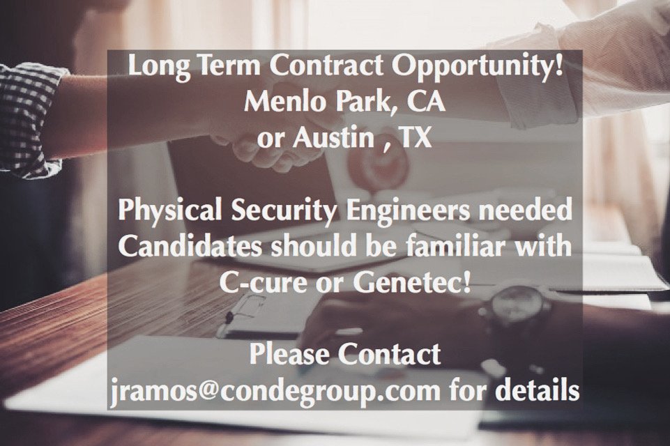 CondeGroup's tweet photo. #appytoday Long Term Contract Opportunity!
#PhysicalSecurityEngineers needed
Candidates should be familiar with #Ccure or #Genetec https://t.co/70qZymUjnj