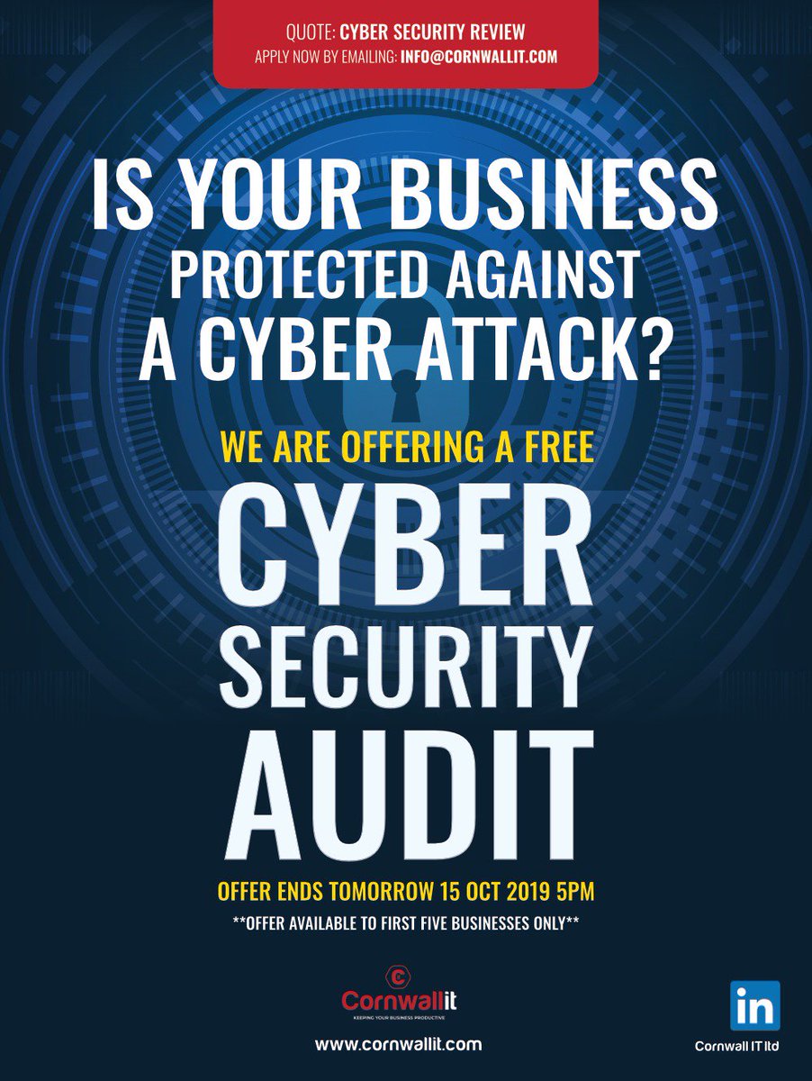 AaronNihat's tweet photo. Quick quick!! Cornwall IT Ltd are giving away a FREE Cyber Security Audit to the first 5 businesses who email info@cornwallit.com and quote: Cyber Security Review.

Offer ends tomorrow evening at 5pm and is first come, first served! https://t.co/t3g5QCbw2q