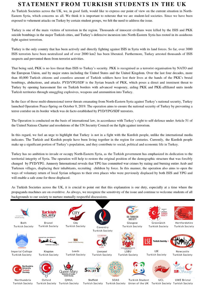 The Turkish and Kurdish people have been living together for centuries. Turkey is not in a fight with the Kurdish people, unlike the internatiol media indicates.

Please avoid misinformation and read the statement from Turkish students in the UK. 

#OperationPeaceSpring
