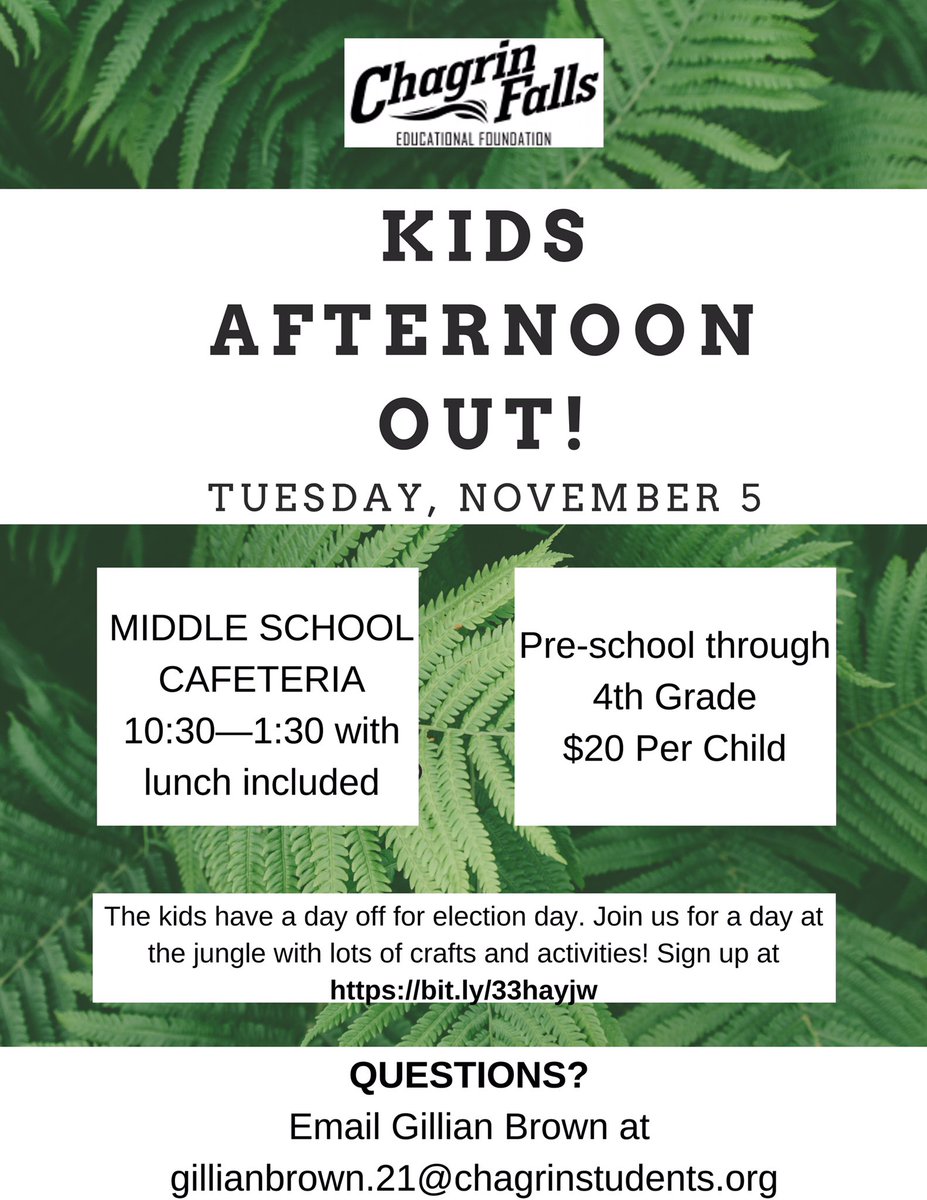 CFEF Student Board (@cfefsb) on Twitter photo Chagrin Falls Ed Foundation Student Board is hosting our annual Kids Day Out on 11/5 10:30-1:30 for kids PreK-4th! Come for fun crafts, games, gym activities & lunch! $20 - all $ raised goes to grants for the district. Sign up: bit.ly/33hayjw
<a href="/CFedfoundation/">Chagrin Falls Educational Foundation</a> #cfevs Chagrin Falls Ed Foundation Student Board is hosting our annual Kids Day Out on 11/5 10:30-1:30 for kids PreK-4th! Come for fun crafts, games, gym activities & lunch! $20 - all $ raised goes to grants for the district. Sign up: bit.ly/33hayjw
<a href="/CFedfoundation/">Chagrin Falls Educational Foundation</a> #cfevs