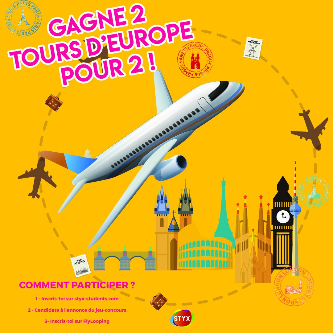Il est l'heure de gagner ton tour d’Europe pour 2 personnes ! 

Tu es étudiant ? Alors participe à notre jeu-concours sur styx-students.com/jobs/1767

Tu partiras avec la personne de ton choix dans 3 villes européennes ;)

#JeuConcours #Concours #Jeu #voyages #TourEurope #Europe