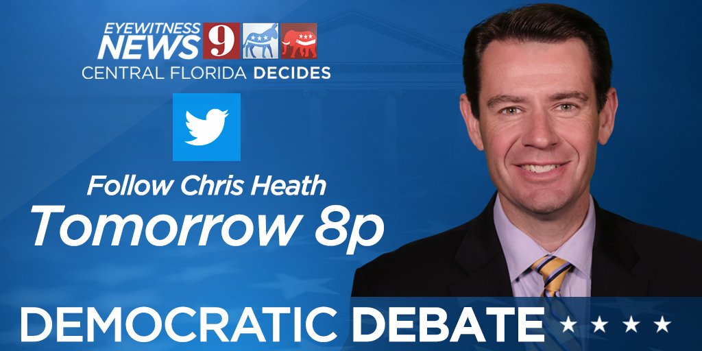 WFTV's tweet photo. With 12 candidates on the state, tomorrow night's #DemocraticDebate is set to be the biggest in primary history. Follow @CHeathWFTV for analysis of what it means for #CentralFlorida #voters #cfldecides https://t.co/hr1komI4tF