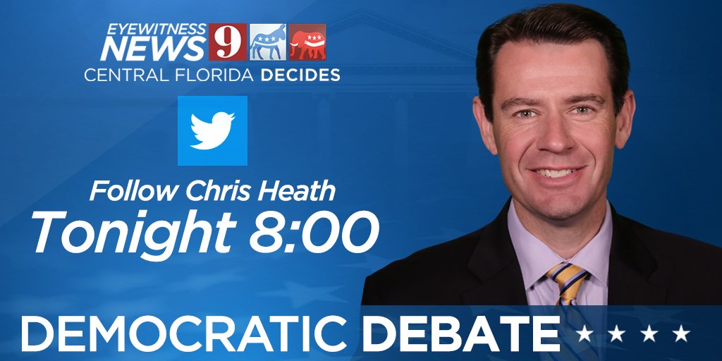 WFTV's tweet photo. With 12 candidates on the state, tonight's #DemocraticDebate is set to be the biggest in primary history. Follow @CHeathWFTV for analysis of what it means for #CentralFlorida #voters #cfldecides https://t.co/a1SAYueEr1