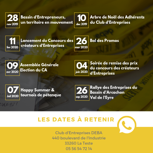 ᗩGEᑎᗪᗩ 2019 / 2020 💡📅
En avant première le programme des "Gᖇᗩᑎᗪᔕ" évènements à ne pas manquer ! 📌
✔️Arbre de Noël 🎄
✔️Bal des promos 💡
✔️Lancement du Concours des créateurs/repreneurs d'Entreprises 📕
✔️Assemblée Générale 
✔️Soirée de remise des prix du Challenge