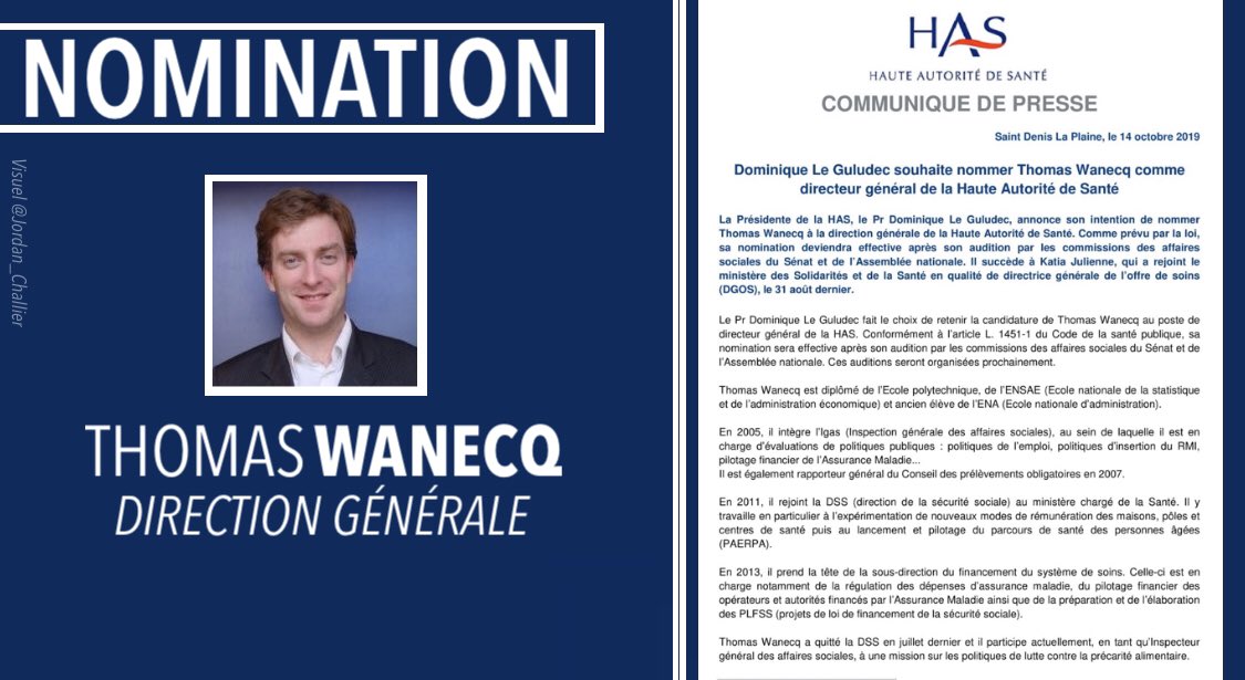 Jordan_challier's tweet photo. #NOMINATION 📢| #IGAS passé par la Direction de la Sécurité sociale (#DSS), Thomas #WANECQ proposé par le Pr. Dominique LE GULUDEC (Présidente @HAS_sante) pour le poste de Directeur Général en remplacement de Katia JULIENNE désormais #DGOS (@MinSoliSante).

 @AN_AfSoc @Senat 🔜 https://t.co/4Rd7nvNJgv
