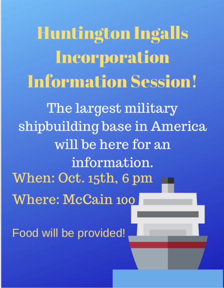IISEmsstate's tweet photo. I hope everyone had a great fall break!! Tomorrow, Huntington Ingalls will be here for an information session! https://t.co/nbLH40dkBH
