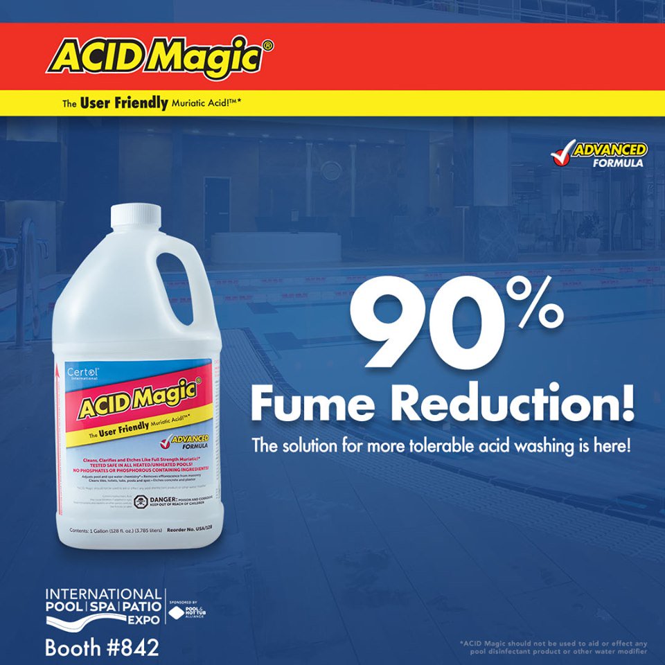 PoolSpaPatio's tweet image. Tired of unbearable fumes and rusty equipment? Acid Magic's formula is the safer alternative to standard muriatic acid. Make sure to stop by Booth #842 at this year's #PSPExpo! #ACIDMagic