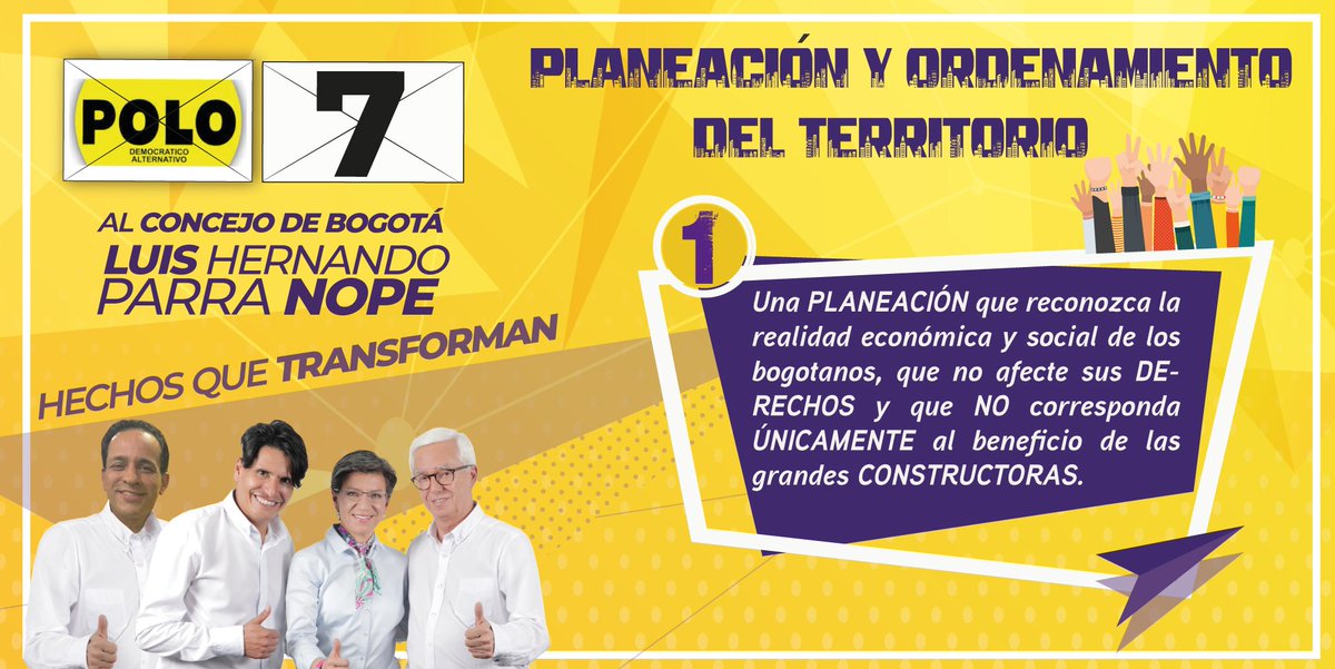 LuisHernandoP's tweet photo. #ProgramaDeMechas
PLANEACIÓN Y ORDENAMIENTO DEL TERRITORIO
1. Una PLANEACIÓN que reconozca la realidad económica y social de los bogotanos, que no afecte sus DERECHOS y que NO corresponda ÚNICAMENTE al beneficio de las grandes CONSTRUCTORAS.
#VoteConcejoPolo7 https://t.co/hfp72RptaG