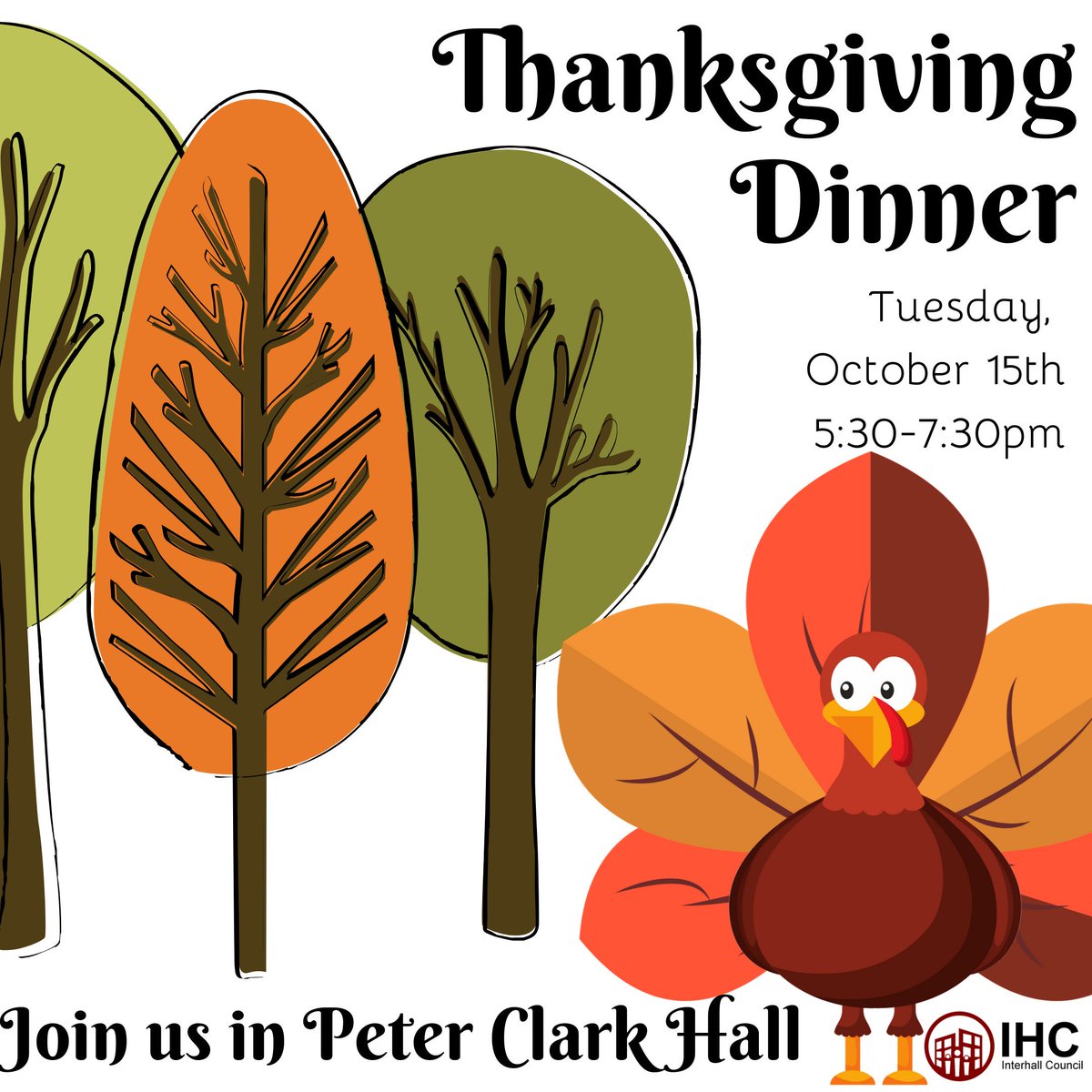Join us for a FREE Thanksgiving dinner TOMORROW Tuesday Oct.15th from 5:30 - 7:30 pm in Peter Clark Hall. Enjoy some great food catered by Brass Taps with your friends and Guelph family!