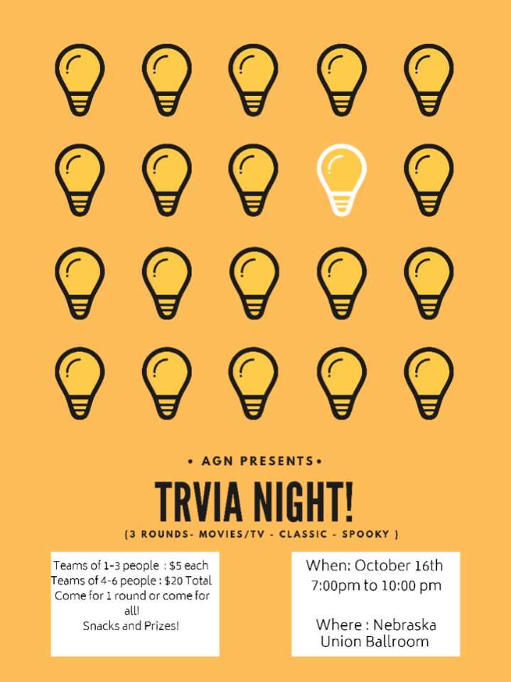 UNL_AGN's tweet photo. Know a lot of random information that your friends consider "useless"?

Wishing to relive your glory days of high school quiz bowl?

Enjoy snacks and helping the community? 

Then join AGN for Trivia Night! this Wednesday at the Union. https://t.co/CpeJs2SCXa