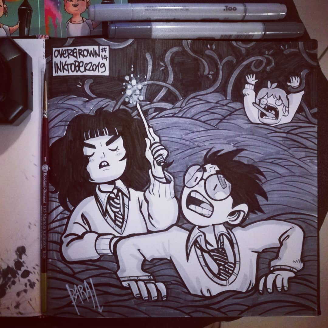 Bara_shark's tweet photo. Day14! Overgrown!
.
#inktoberday14 #inktober #inktober2019 #overgrown #ink #brush #blackink #blackandwhite #copic #grey #china #drawing #traditionalart #sketch #doodle #challenge #harrypotter #hermione #hermionegranger #ron #ronweasley #devilssnare #vegetation https://t.co/H2W42TcUPc