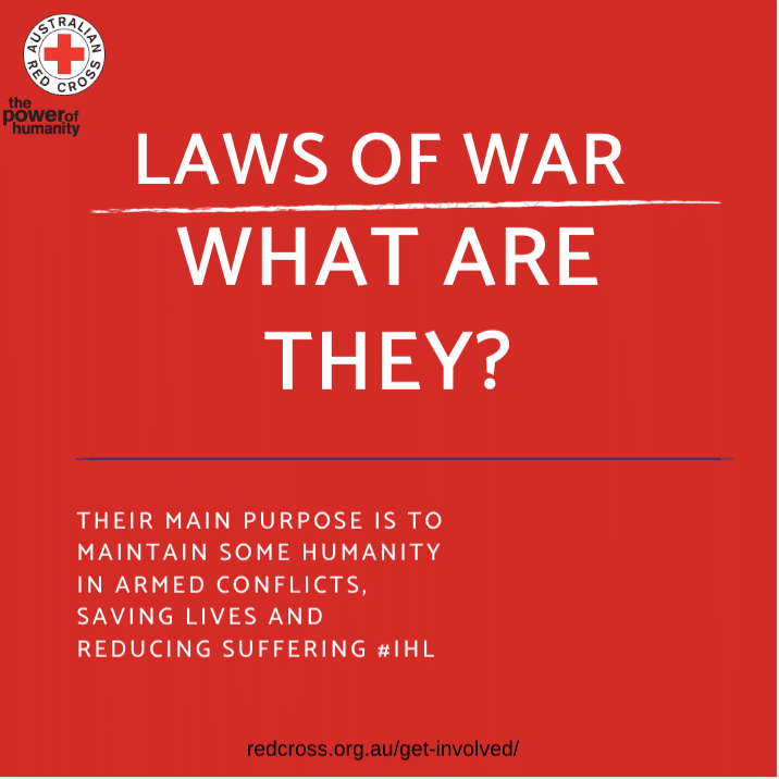 IhlRedcross's tweet photo. Back to basics. The Laws Of War, what are they? Their main purpose is to maintain some humanity in armed conflicts, saving lives and reducing suffering. Retweet if you support IHL. #IHLMONTH #THELAWSOFWAR https://t.co/Gn76U0SNZY