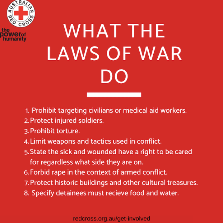 IhlRedcross's tweet photo. The laws of war, or international humanitarian law (as it is known formally) main purpose is to maintain some humanity in armed conflicts, saving lives and reducing suffering. #IHLMONTH #LAWSOFWAR https://t.co/frymYL7w0N