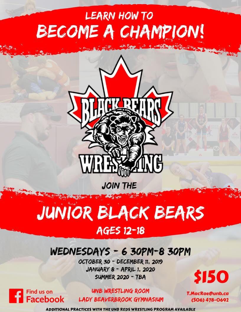 BlackBearsWRES's tweet photo. GET ON THE MATS WITH THE JUNIOR BLACK BEARS! 

🗓 October 30-December 11, 2019 + 2020
📍 UNB Wrestling Room - Lady Beaverbrook Gym
⏰ 6:30pm-8:30pm
🚻 Ages 12-18
💵 $150 Annually https://t.co/rxTk7sBpuI