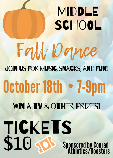 ConradRedWolves's tweet photo. REMINDER 🕺🎶💃 Our middle school fall dance will be on Friday, October 18th from 7-9pm in the gym. Tickets are $10 and will be sold at middle school lunches this week! 🤩🎃🍂🎉 https://t.co/CrsbBFTd2M