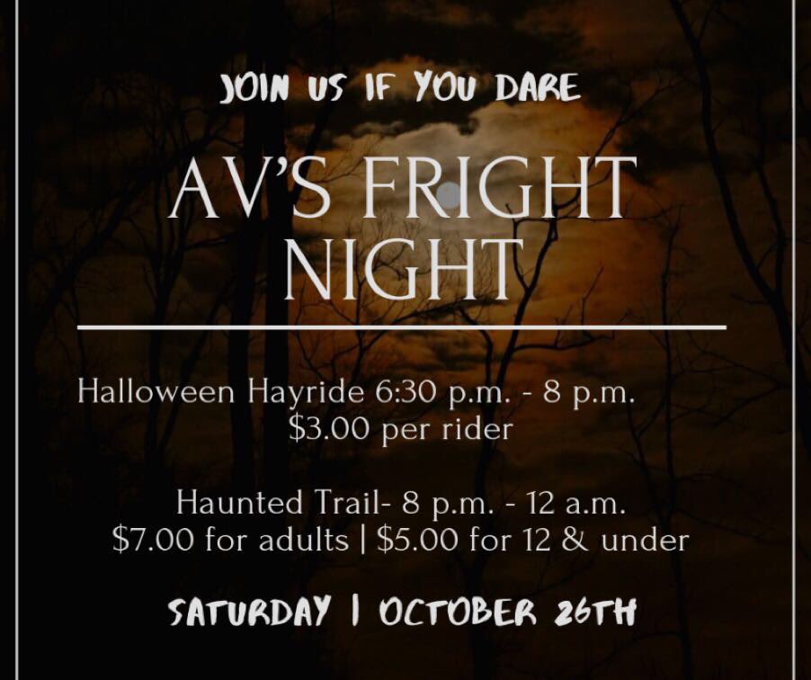 AvhsStuco's tweet photo. AV’s Fright Night!!! October 26th buy your tickets at the check in desk at the highschool parking lot. Bonfire and music, hayride for the kids, and a haunted trail for anyone looking for a scare! Come out, all community welcome!!!🖤💛🖤💛🐯🦇🕸🕷 https://t.co/RXVgWbGf7Z