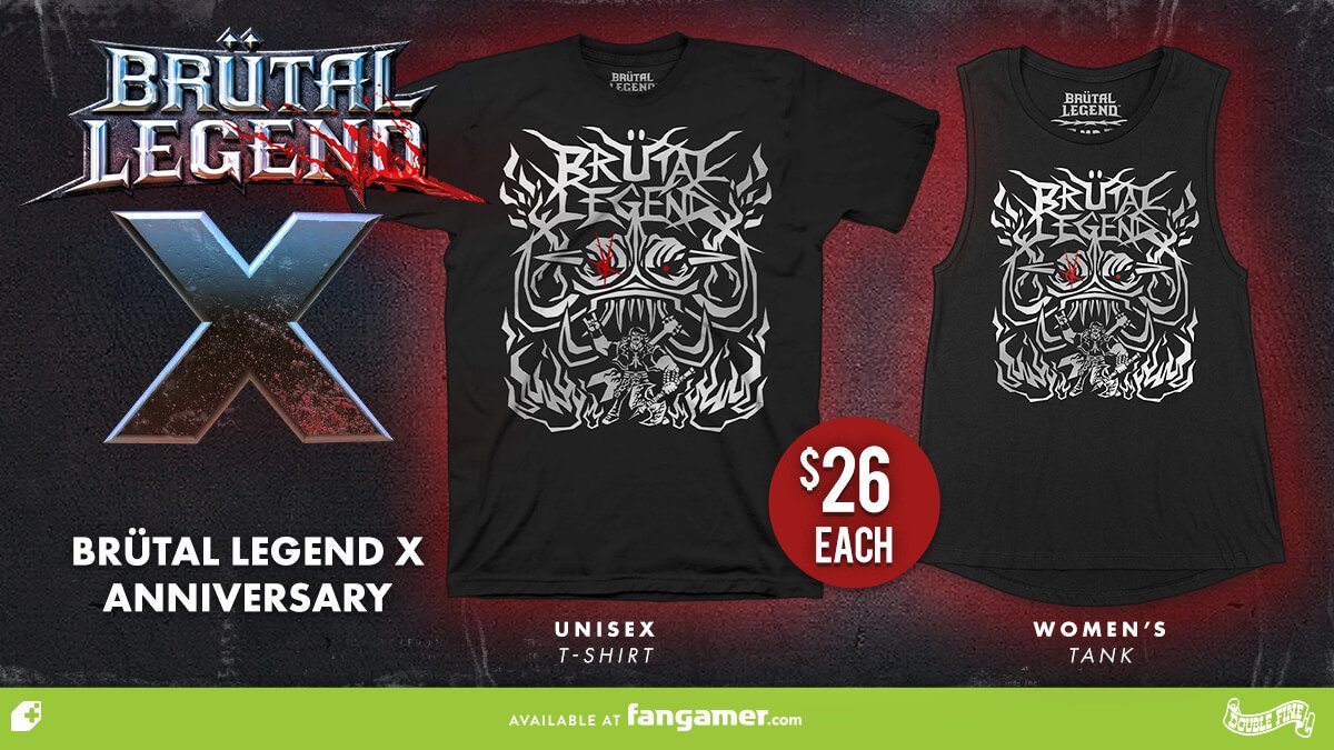 Celebrate 10 years of Brütal Legend with this shiny chrome anniversary shir...