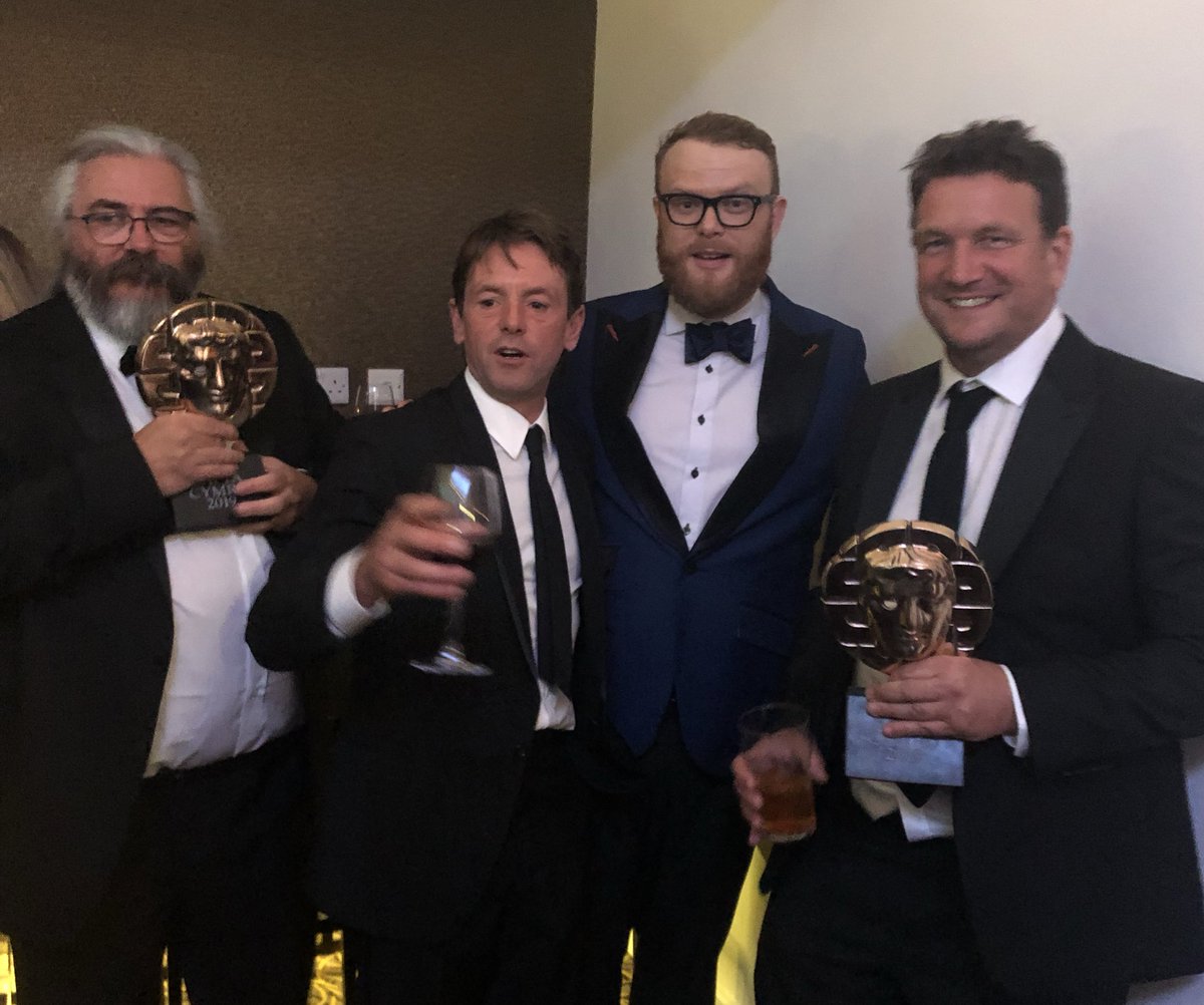 Here’s <a href="/MadocRoberts/">Madoc Roberts</a> who won Editor. <a href="/JMCR4Y/">Joni Cray</a> &amp; Gruffydd Davies who won for Photography (Factual). Gruff directed #Anorac. And Jules Davies won for Sound. 👏