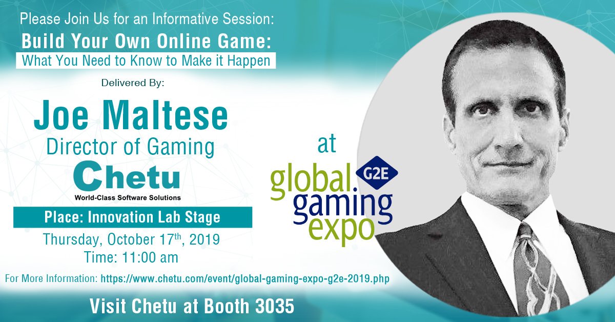 ChetuInc's tweet image. This Thursday, Oct 17th at #G2E2019 come learn about everything you need to know about building your own #OnlineGame and what #CustomDevelopmentServices you need to make it happen. @G2Eshows