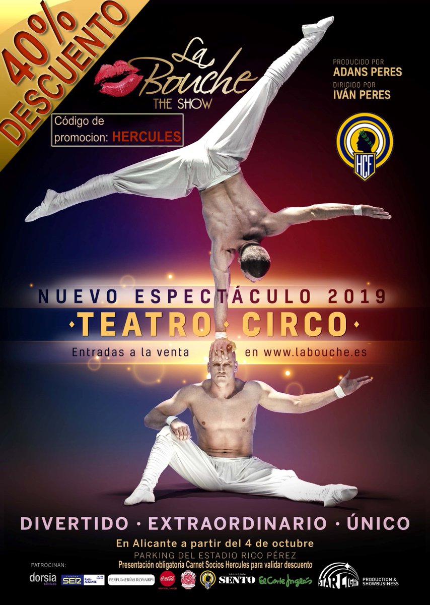 cfhercules's tweet photo. Aprovecha los descuentos de @LaBoucheTheShow 2019!! para herculanos!!

Si eres abonado tienes un descuento del 40% con el código: HÉRCULES

Presentacion obligatoria de al menos 1 carnet de abonado en taquilla

➡
https://t.co/Sv9Vzmgwxu  

#LaBoucheAlicante #LaBouche2019 https://t.co/SOH9rO8r8q