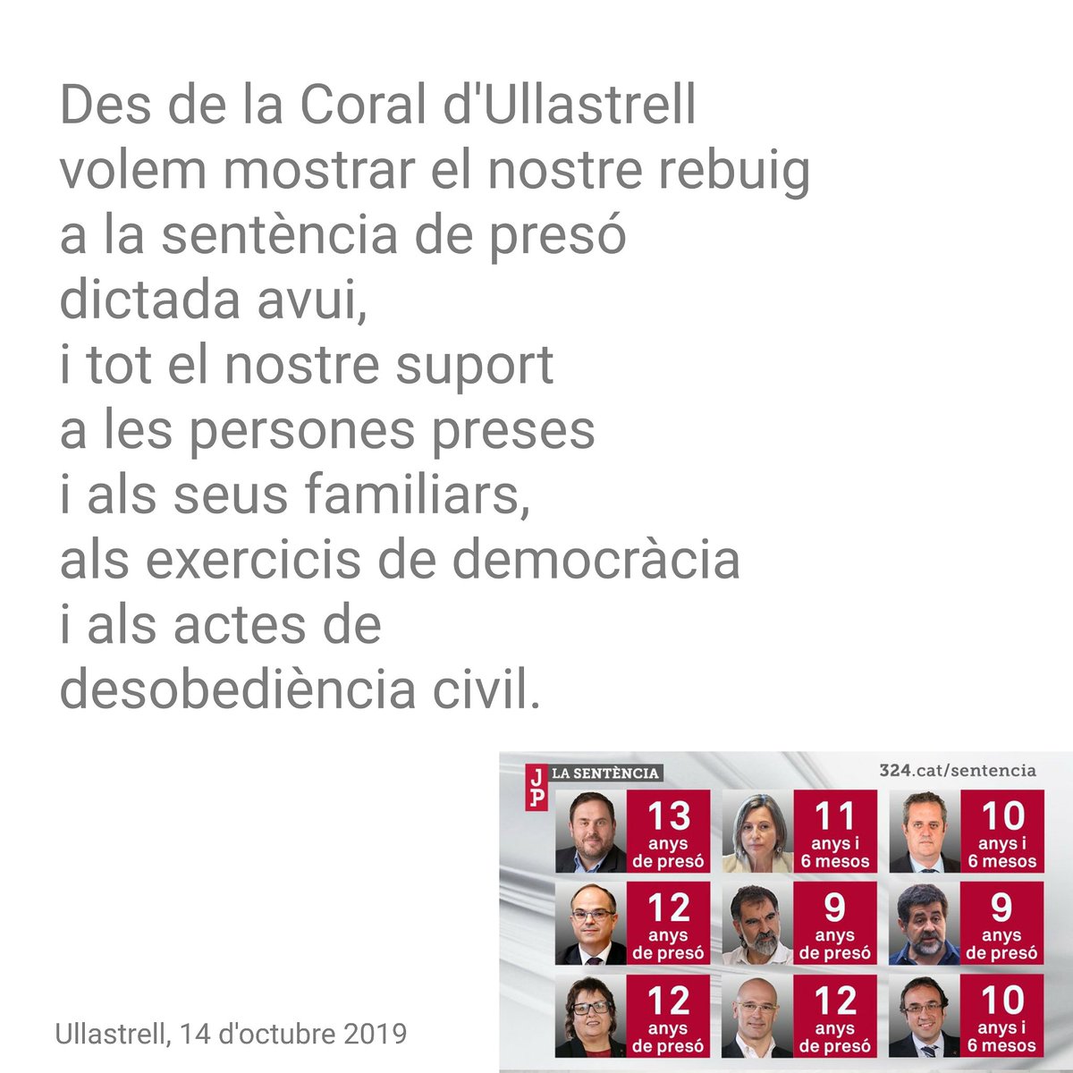 CoralUllastrell's tweet photo. Comunicat de la Coral d'Ullastrell. 
#llibertat https://t.co/wIDPTBvq0Y