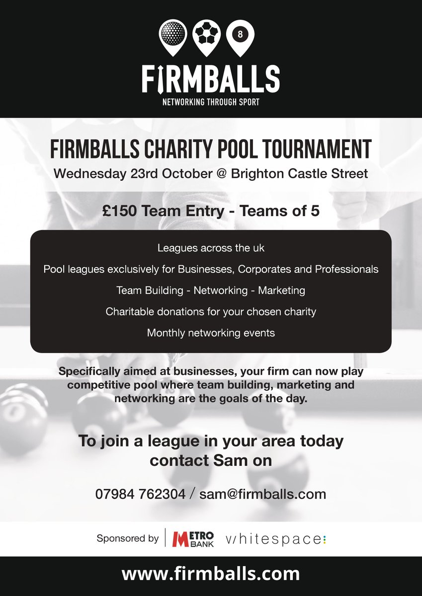 Love pool and live in Brighton? Join us next Wednesday for our charity tournament. Full details on the poster. For more info email sam@firmballs.com #BrightonHour