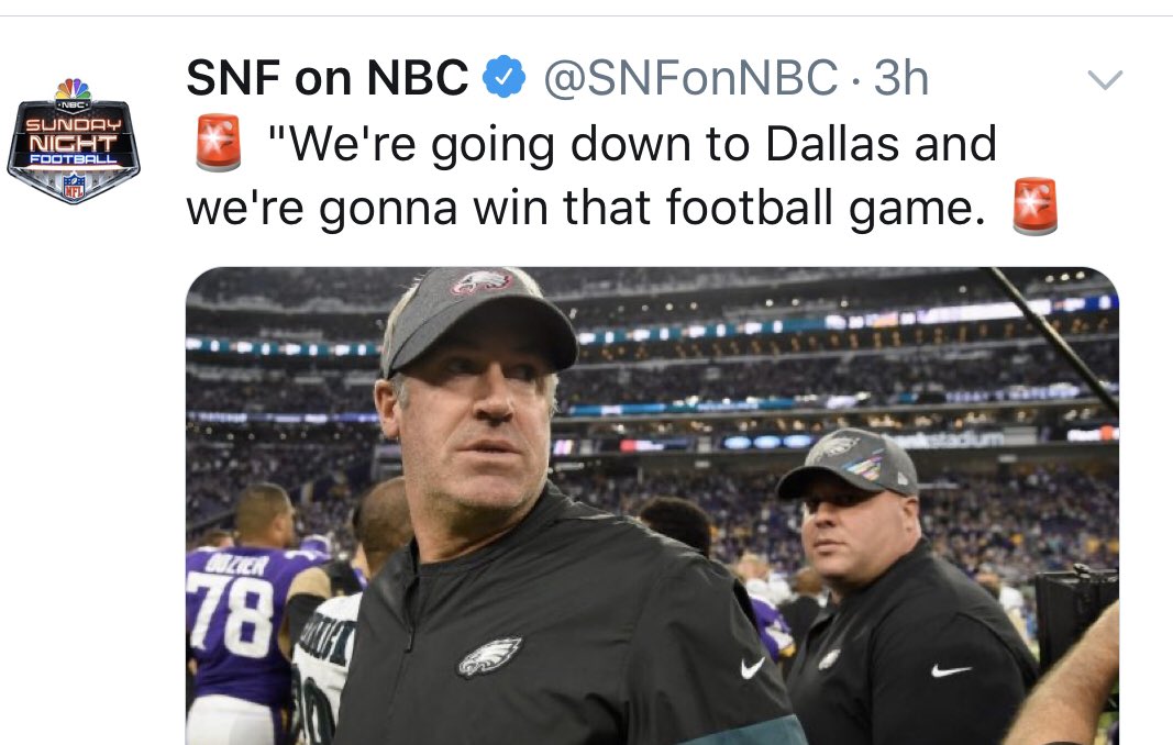 TonyDungy's tweet image. Doug Pederson has fired the first shot in the @SNFonNBC game this week. “We’re going to go down there and win and we’ll be in 1st Place when it’s over!”  This is what Eagles-Cowboys is all about. I love it!