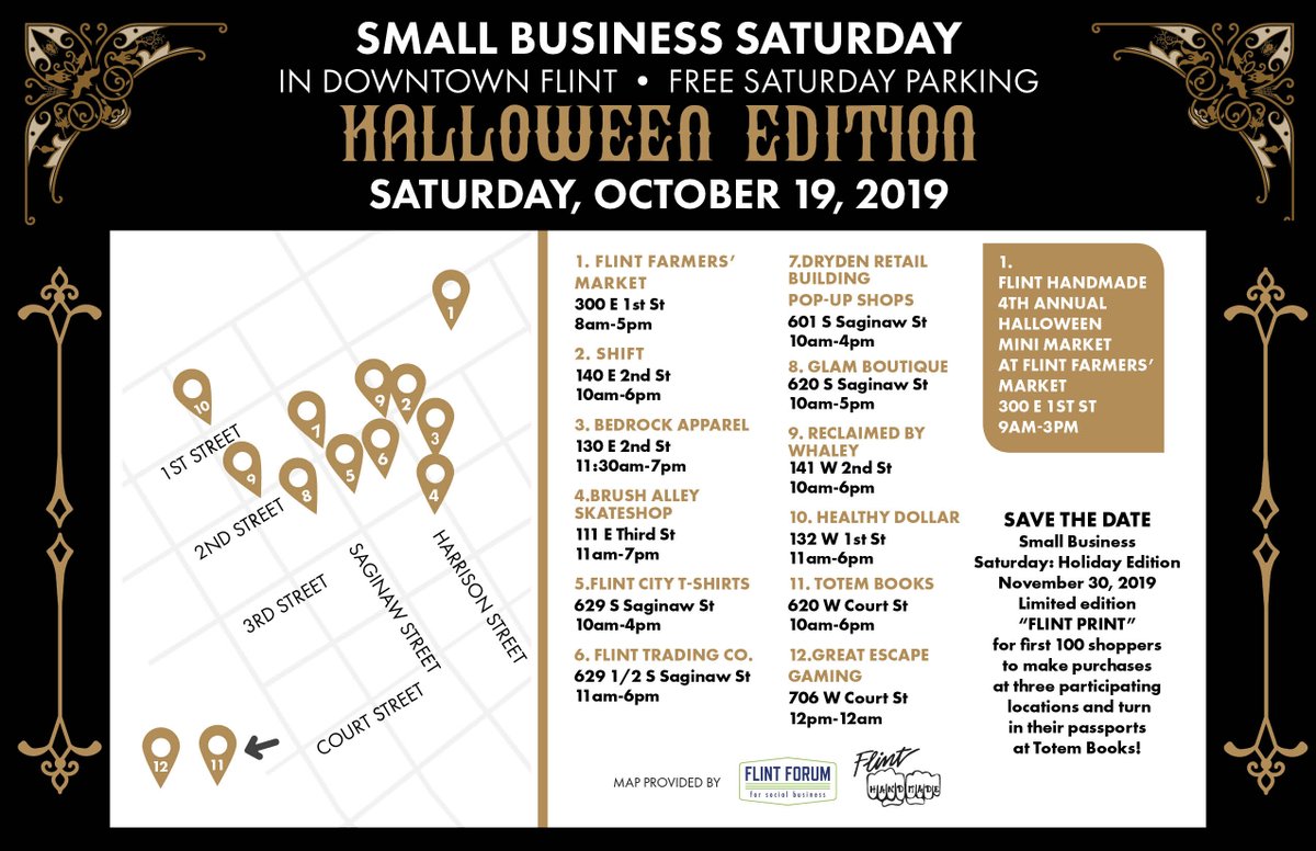 FlintFarmMarket's tweet photo. Experience the revitalization of retail in Downtown Flint!

Visit these amazing businesses on Small Business Saturday: Halloween Edition THIS SATURDAY, October 19th!

#Flintfarmersmarket #Flinthandmade #Downtownflint #Revive #Revitalize #October #Smallbusiness #Saturday https://t.co/AwPThD0Wtp