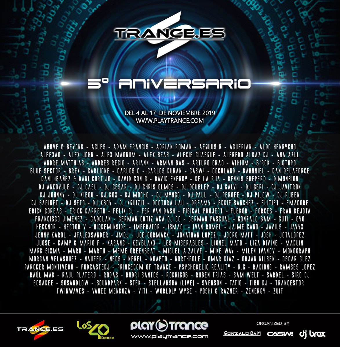 trance_es's tweet photo. 💣BOOM💣

Cartel final de nuestro Quinto Aniversario con nombres de la talla de Above &amp; Beyond, Orjan Nilsen, Mark Sixma, Dim3nsion y participaciones muy especiales como Los 40 Dance y sus residentes 😍

Nos vemos del 4 al 17 de noviembre en @PlayTranceRadio https://t.co/Lndqv5ufD9