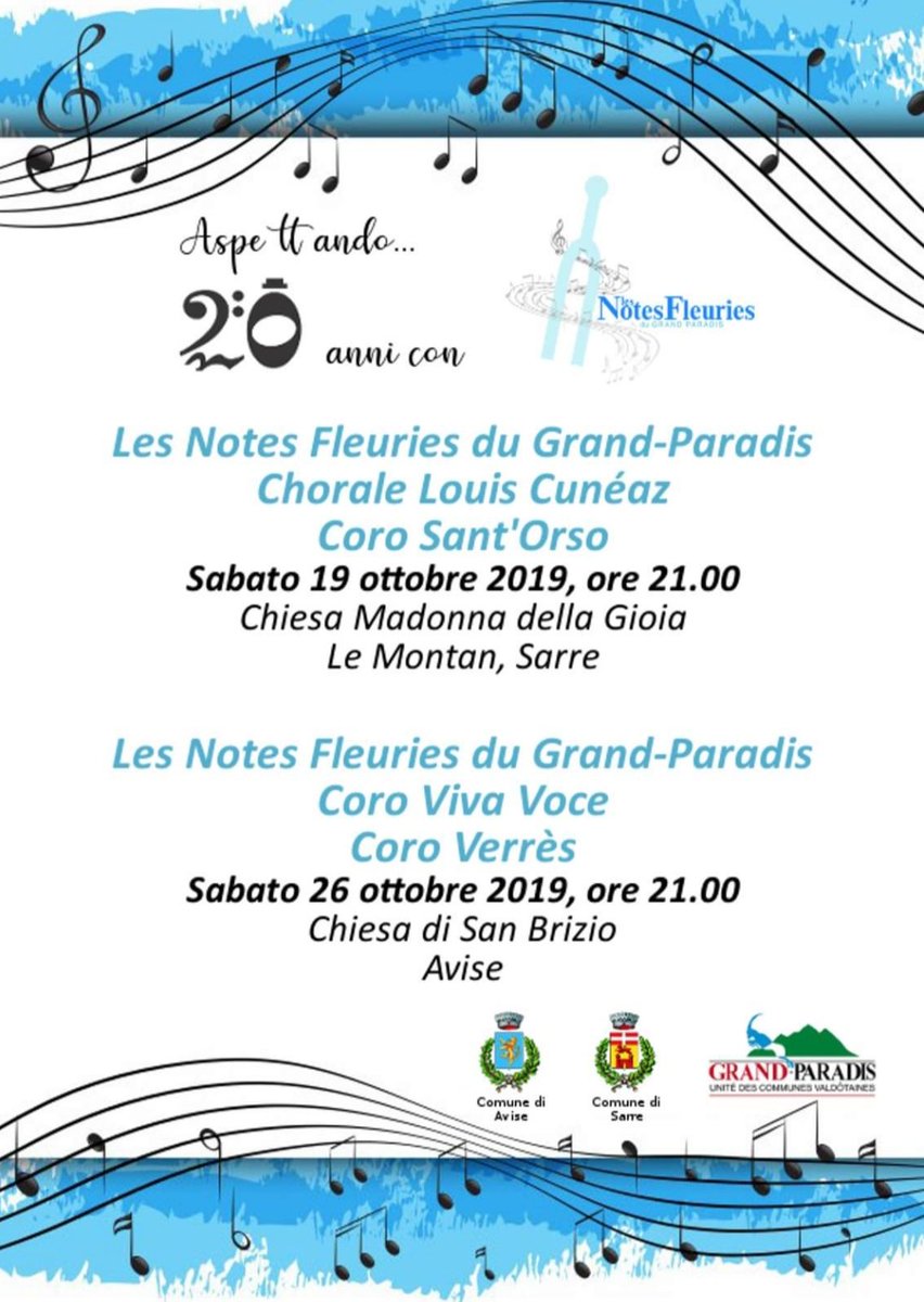 NotesFleuries's tweet photo. Amiciiiiii 🤩🤩siamo pronti a iniziare i #festeggiamenti per i nostri #20anni 🎶
Vi aspettiamo ai nostri due #concerti:
Sabato 19 ottobre, chiesa di Montan (Sarre) con la #ChoraleLouisCunéaz e #CoroSantOrso
Sabato 26 ottobre, chiesa di #Avise con il Coro #VivaVoce e #CoroVerrès https://t.co/Mr3lcUcL1F
