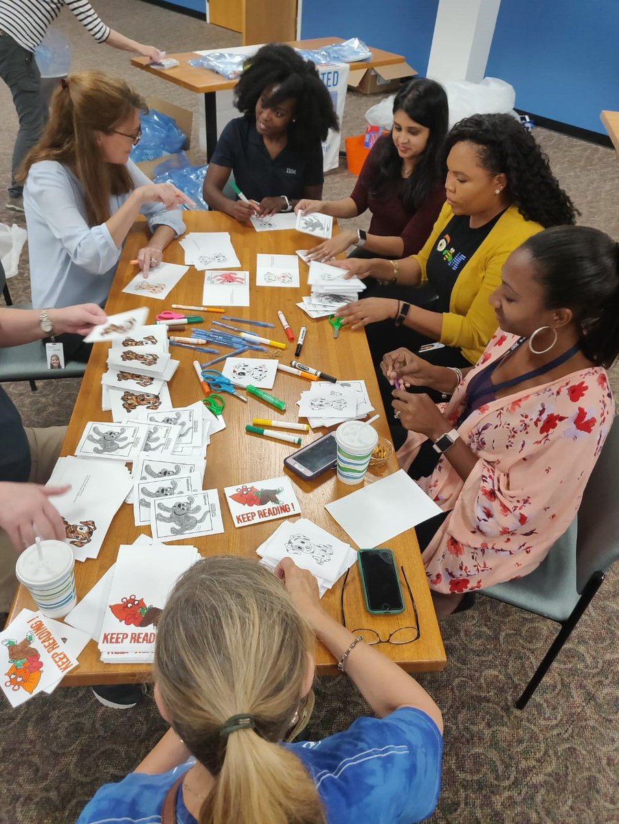 UWTriangle's tweet photo. Check out @IBM and @IBMVolunteers bringing that Monday madness! Today, 150 employees created 400 literacy kits for @Book_Harvest to help the organization's efforts to bring literacy support to families and their children from birth. #uniting4good https://t.co/phWHhRUhZC