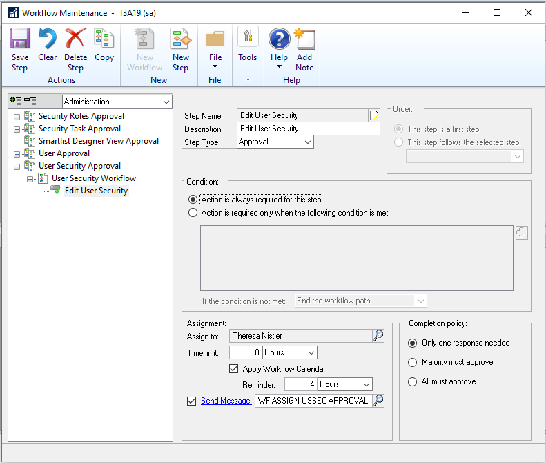 theknastergroup's tweet photo. Welcome to the second workflow added to the Dynamics GP October 2019 release. This workflow is User Security Approval.  In User Security, you can make changes to the access for a user, what security role they are assigned or what modified reports they can access. https://t.co/XcUTQiPaC2