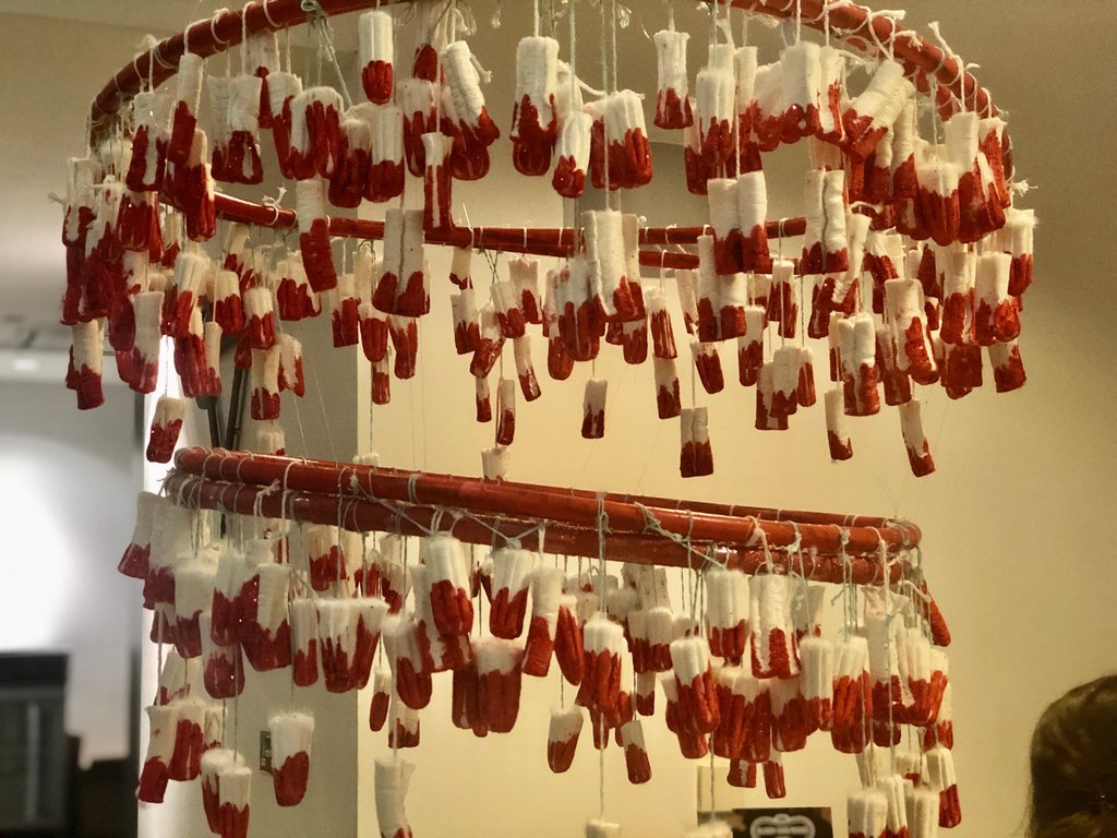 bloodygood__'s tweet photo. Ways to use expired tampons to get period talk flowing: make a chandelier, get comedians to play tampon games (thanks @ladycariad , @JenBrister, @rachelparris, @kathbum, 📸Sofi Adams), and of course #tamponbunting #tamponsexpire #padsplease #periodtalk https://t.co/IGjMmW0w5M