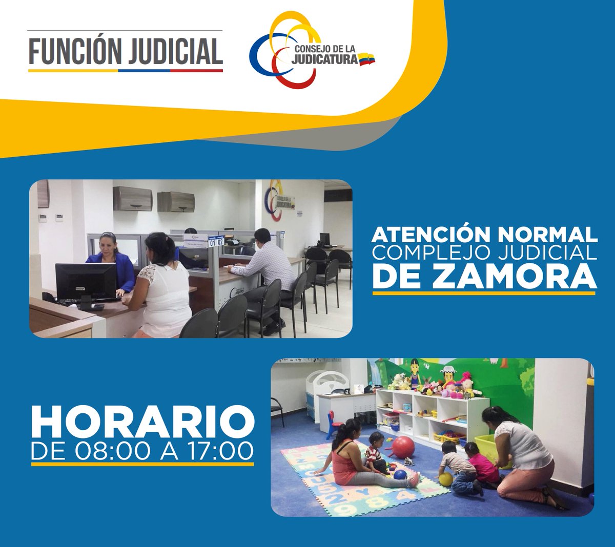ZamoraCJ's tweet photo. #InfoCJZamora | La atención del servicio de justicia se cumple de manera ininterrumpida de ⏰ 08:00 a 17:00 en todas las dependencias judiciales de #ZamoraChinchipe. Conoce más aquí ⤵ https://t.co/vUnFmq5RkQ