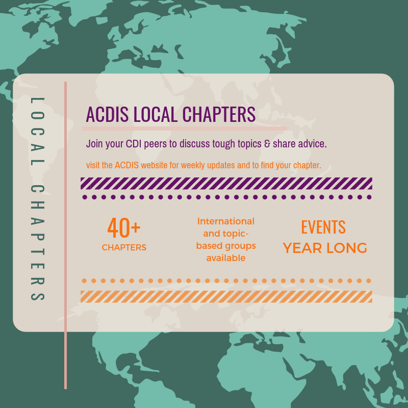 ACDIS's tweet photo. DYK: In the last three months, #ACDIS local chapters reached approximately 1,200 #CDI professionals nationwide? Find out more and join your local community today: https://t.co/wYIF2MRc4W https://t.co/JvA1biMdXW