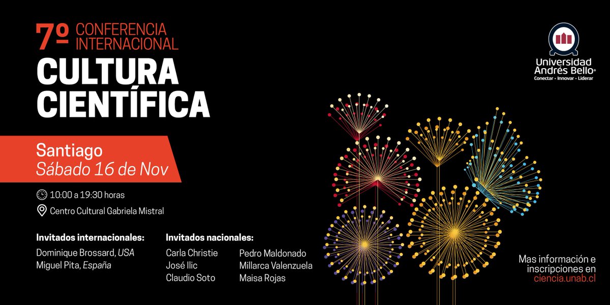 ciencia_unab's tweet image. 🙌¡Se acabó la espera! 💥reserva tu cupo en este imperdible evento: la 7° Conferencia Internacional de Cultura Científica de la @uandresbello - 14, 15 y 16 de noviembre en Santiago, Concepción y Viña del Mar. 
👉Conoce todas las charlas por día y ciudad en bit.ly/33pDiX8