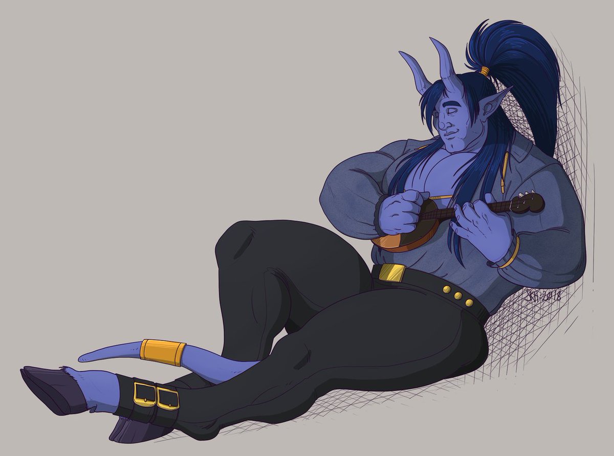 @Nekrokat Congrats on the follows and thanks for hosting!!

I got this big soft wannabe bard, Uzir. He's bashful and not the best at his job but his heart is there. Art is by Icewayart on tumblr!