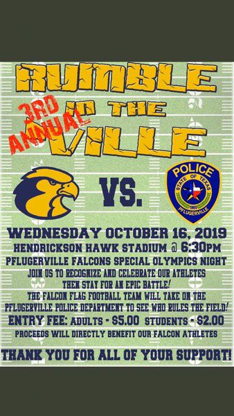 Come to the Rumble and support the Pflugerville Falcons Special Olympic athletes this Wed.<a href="/6/">Adrián Lamo</a>:30 at HHS stadium! $2.00