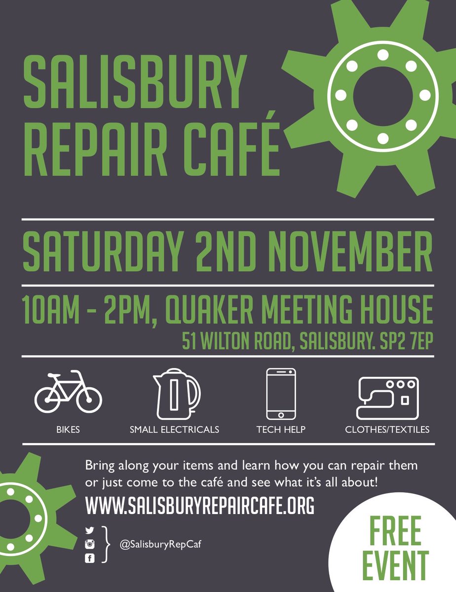 Please continue to spread the word about Salisbury Repair Café. Size A5 posters will shortly be available. Let us know if you would like some for your workplace or local school or community centre - think of those who don't do digital! bit.ly/2MBHvjO