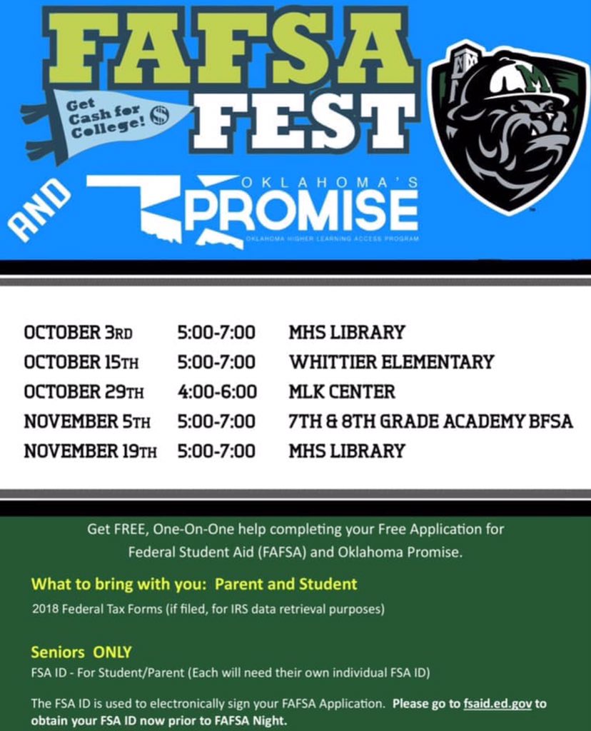 Tomorrow nite is another opportunity for help with FAFSA/OK Promise/College Application. We will be at Whittier Elementary from 5:00pm-7:00pm. <a href="/MuskogeeSchools/">Muskogee Schools</a> <a href="/MuskogeeA/">Muskogee Athletics</a> <a href="/MuskogeeHigh/">Muskogee High School</a> <a href="/MuskogeeSwim/">MHS Swim Team</a> <a href="/Muskogee2019/">Muskogee SENIORS🌟</a> <a href="/KFleak/">Kim Fleak</a> @The1CoachSex @CoachG_5 <a href="/Mr_Munsell/">Chetan Munsell</a> <a href="/NacCoach/">CoachMcNac</a>