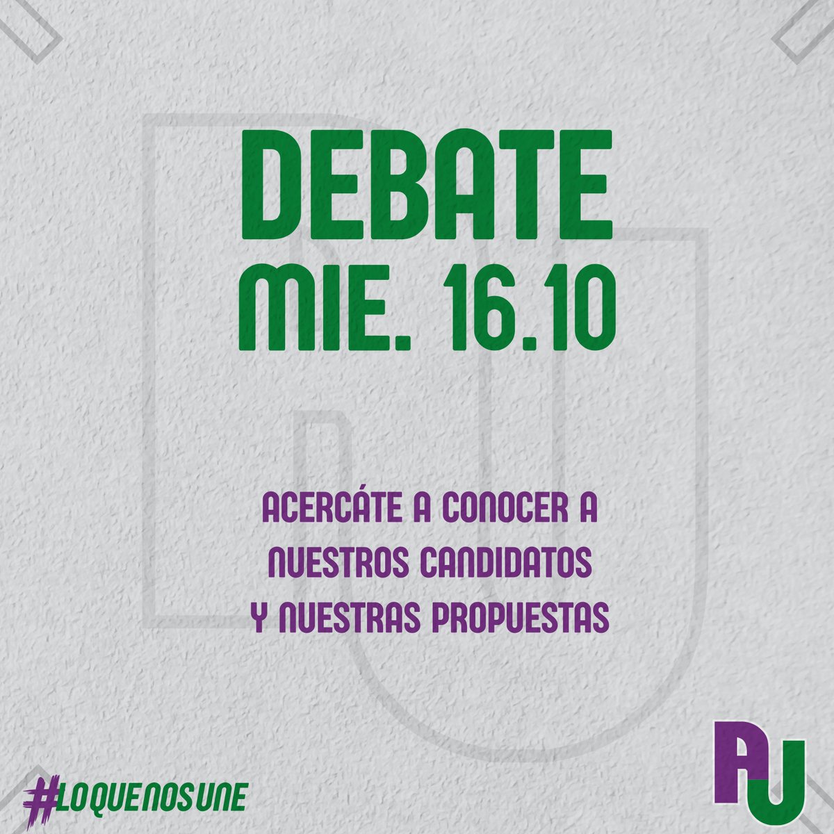 Te invitamos a participar del debate de candidatos este miércoles 16/10. 🗓

Conocé a nuestros candidatos y nuestras propuestas. Involucráte. 🙌🏻