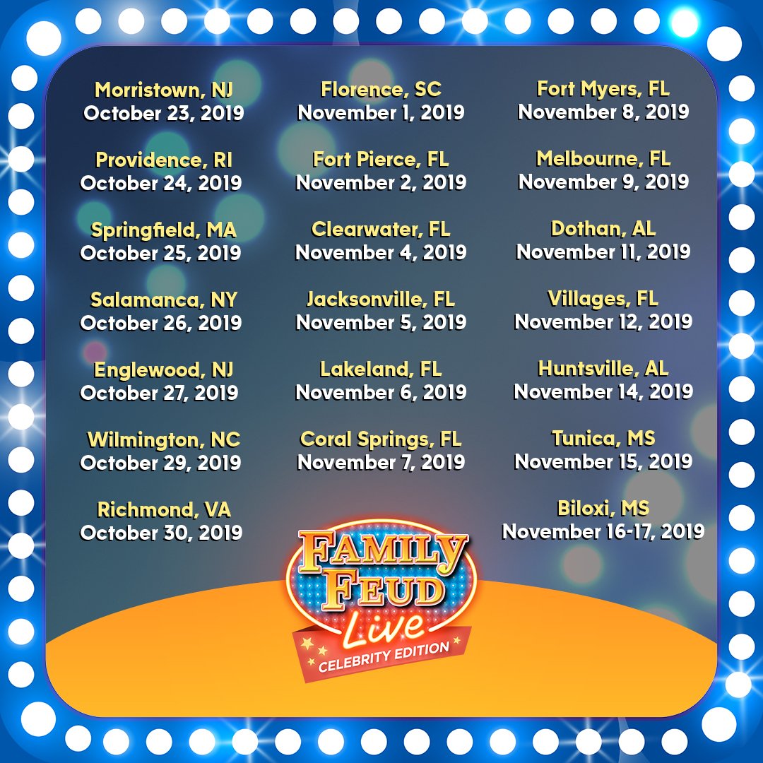 familyfeudlive's tweet image. We're bringing your favorite game show to you, Family Feud fans! The live show may be swinging into a venue near you! Get your tickets and come play!! Check it out: familyfeudlive.com
#familyfeudlive #falltour2019 #gameshow #tickets #comedy